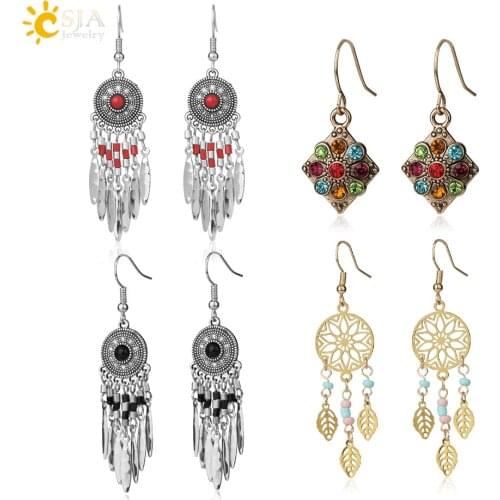 CSJA Vintage Ethnic Drop Earrings Leaf Metal Tassel Dangle Hanging Earring for Women Female Christmas Gift Wedding Jewelry S549