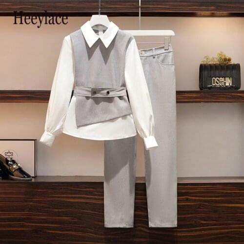 Plus Size Office Ladies Elegant Two Pieces Sets 4XL Autumn Long Sleeve Patchwork Top And Long Trousers Suits Korean Casual Sets