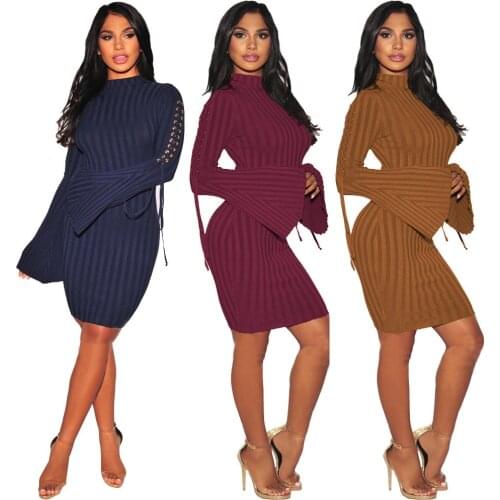 HOOYI 2019 Women Autumn Knitted Dress Sexy O-neck Sexy Tie Dresses Plus size clothing Long sleeve