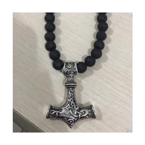 1pc Bohemia Essential Oil Diffuser Necklace Black Natural Lava Beads Necklace With Viking Thors Hammer Mjolnir Pendant