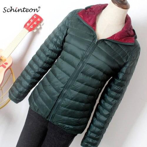 2020 Schinteon S-7XL Light Ultra Down Jacket Double Sided Wearing with Hood Down Coat Casual Spring Autumn Outwear New for Women