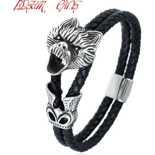 316L Stainless Steel Animal Tiger Head Cool Tiger King Genuine Leather Bracelet Bangle Jewelry Men