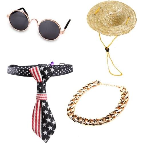 4 Pcs Cool Pet Dog Cat Costume Fashion Sunglasses Chain Collar Straw Hat Tie Set