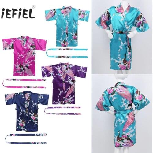 Spring Kids Bathrobe Peacock Flower Printed Japanese Kimono Fashion Birthday Satin Bathrobe for Boys Girls Nightgown Sleepwear