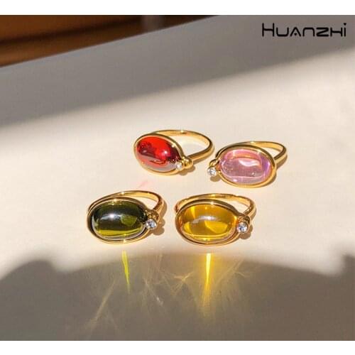 HUANZHI 2021 New Transparent Colorful Stone Resin Retro Zircon Rhinestone Metal Rings for Women Girls Trendy Jewelry Gifts