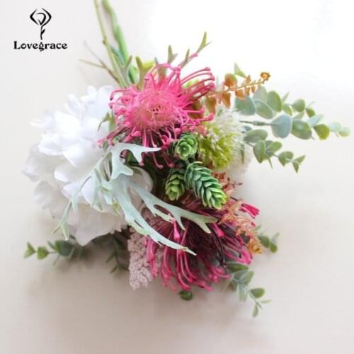 Silk Artificial Fake Peony Rose Flowers Bridal Bouquet Green Eucylaptus Silk Flores Bundle for Home Wedding Party Decor Flowers