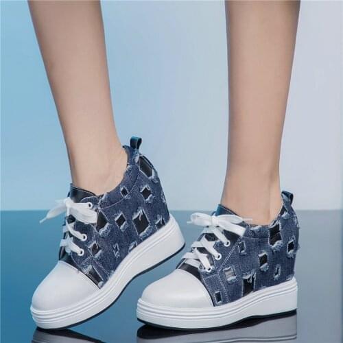 Women Lace Up Genuine Leather Wedges High Heel Vulcanized Shoes Female Canvas Round Toe Platform Fashion Sneakers Casual Shoes