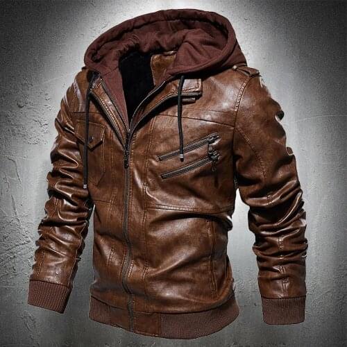 Classical Motorcycle Leather Jackets Mens Spring Autumn Hooded Coat Jacket Slim Youth Punk Coats Zipper Leather Coat