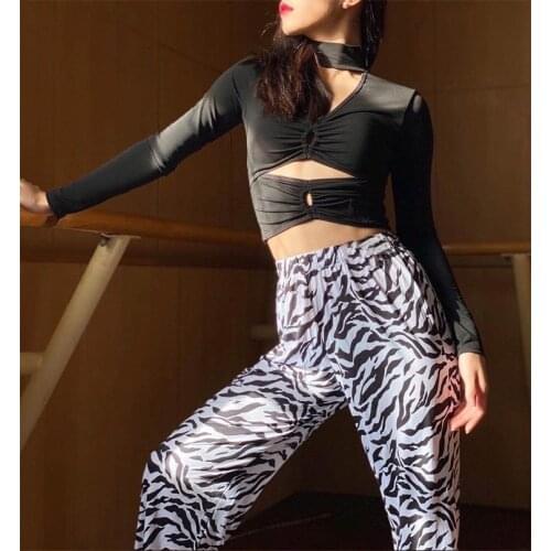 Latin Dance Costumes Female Adult New Sexy Long-Sleeved Tops Zebra Pants National Standard Dance Latin Practice Clothes DQS6439