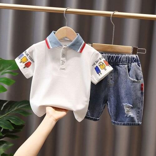 Boy Summer Clothes Suit 2021 New Childrens Fashion Denim Shorts + T-shirt 2-piece Set Baby Summer Short-sleeved Tops