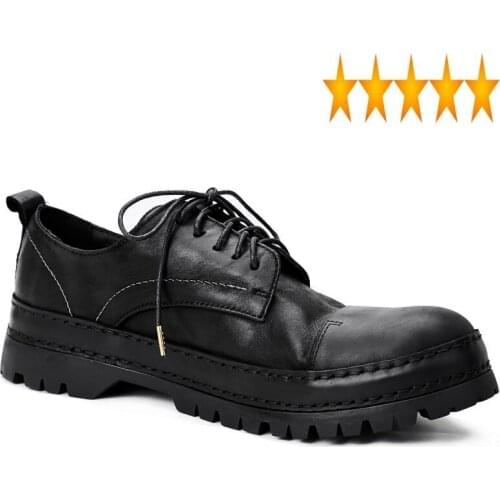 Genuine Leather Platform 100% Men British Style Vintage Round Toe Casual Brand Lace Up Business Shoes Black Zapatos