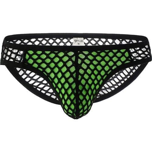 Mens Lingerie Underwear See-through Fishnet Hollow Out Panties Contrast Color Low Waist Stretchy Bulge Pouch Briefs Underpants