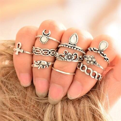 Cheap jewelry 10PCS/LOT Bohemian Midi Ring Set Vintage Steampunk Elephant Moon Anillos Ring Knuckle Rings for Women
