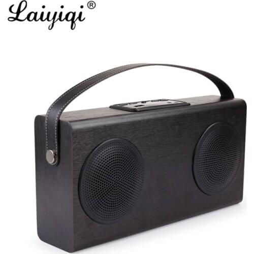 Laiyiqi solid wood speaker altavoz bluetooth wooden dual speakers 10W portable belt handle radio FM radyo Power Bank caixa som