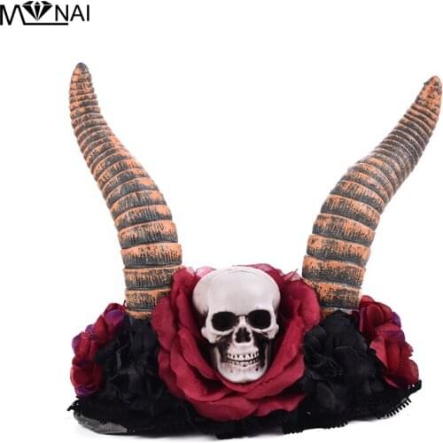 Steampunk Evil Skull Hairband Halooween Cosplay Skeleton Floral Headwear Gothic Horn Headband Rose Crown Band Costume Accessory