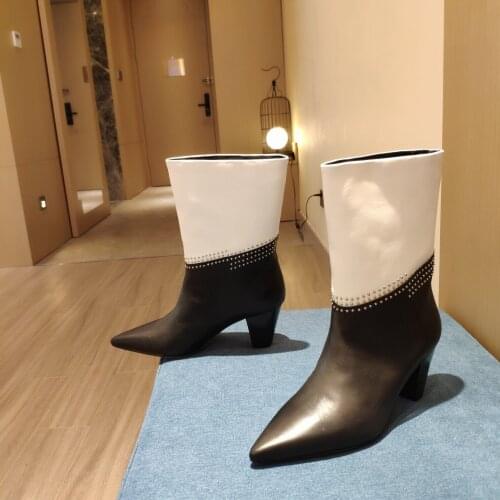 2021 Newest Winter Genuine Leather Mid-Calf Boots Woman Chelsea Boots Pointed-Toes Spike Heels Boots Woman Patchwork Boots Woman