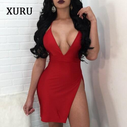 XURU Sexy Deep V-Neck Bandage Dress Women Off The Shoulder Backless Split Mini Dress Red Black Party Club Short Dress