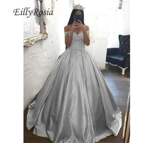 Silver Prom Dresses Ball Gown Off the Shoulder Lace Appliques Satin Elegant Pageant Celebrity Dresses African vestidos para gala