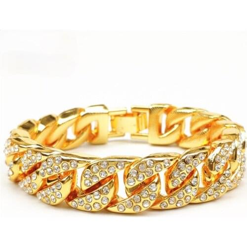 Hip Hop 15mm Bling Iced Out Rapper Bracelet Full Rhinestone Pave With Miami Cuban Link Chain Bracelet for Men Jewelry