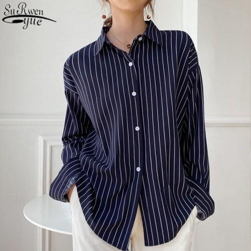 Korean Striped Womens Blouse Casual Loose Singel Breasted Fashion Women Shirts Office Lady Style Long Sleeve Top Female 11876