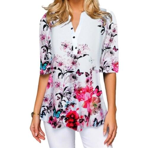 Women Print T-shirt Half Sleeved Summer Casual OverSized Top Shirt Splited V-Neck Tees 5XL Plus Size Sweet Shirts Femme Clothes