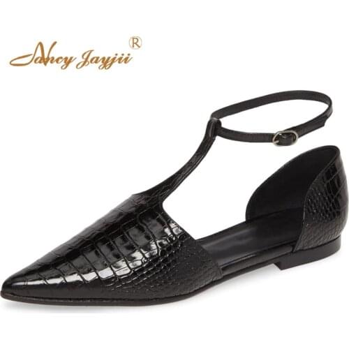 Black Nude Snakeskin Print T-Strap Pointed Toe Ballet Flat Woman Female Ladies Summer Casual Shoes Small Size 3 4 Buckle Sweet