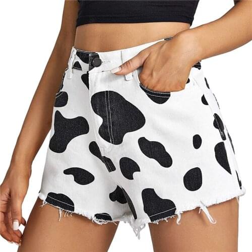 2021 Streetwear Womens Black White Denim Shorts Casual Cows Printed High Waist Jeans Short Trousers