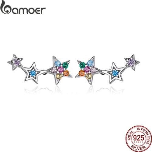 Bamoer Rainbow Multiple Crystal Star Stud Earrings 925 Sterling Silver Earrings for Women Engagement Jewelry Five-pointed Star