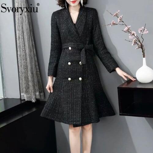 Svoryxiu Runway Autumn Winter Office Lady Long Overcoat Outwear Womens Fashion Double Breasted Black Tweed Jackets Coat