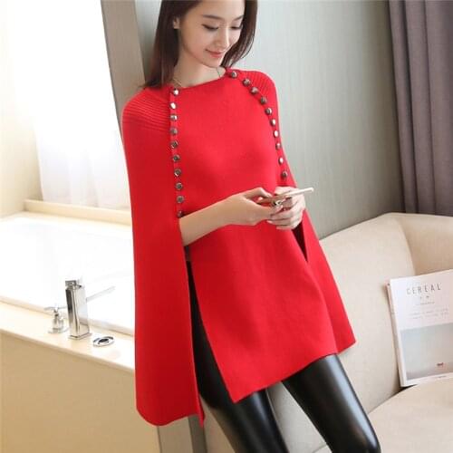 Women Double-Breasted Cape Batwing Sleeves Loose Poncho 2020 Winter Knitted Long Sweater Black Open Stitch Rivet Pullover Coat