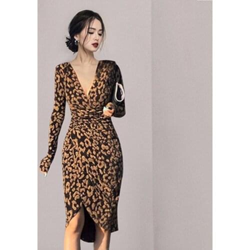 Autumn New Sexy V-Neck Leopard Slim Pencil Dress Women Sheath Bodycon Dresses Casual High Waist Party Club Vestidos 2021