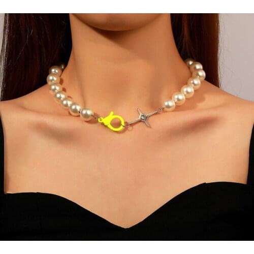 Japanese and Korean style pearl stitching necklace female 2021 fashion sweet short cross choker clavicle chain fashion jewelry