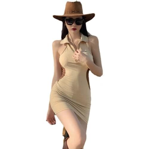 New Female Dress Sexy Hot Girl Contrast Color Halter Neck Polo Collar Slim Dress Sleeveless Solid Color Mini Bodycon Dress Y2k