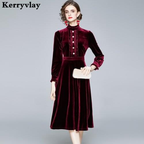 Winter Button Pleuche Long Sleeve Velvet Dress Vestidos Casual Mujer 2021 High-Waisted Midi Party Women Dress Ropa Mujer K8630
