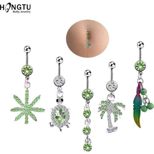 1PC Sexy Dangling Navel Belly Button Rings Leaf Animals Belly Piercing Crystal CZ Surgical Steel 14g Woman Body Jewelry Barbell