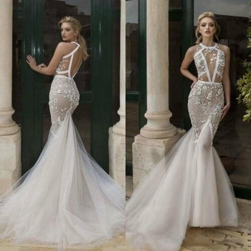 2020 Illusion 3D Floral Appliques Plus Size Mermaid Wedding Dresses Hollow Out Robe De Mariee Backless Bridal Dress Vestido De N