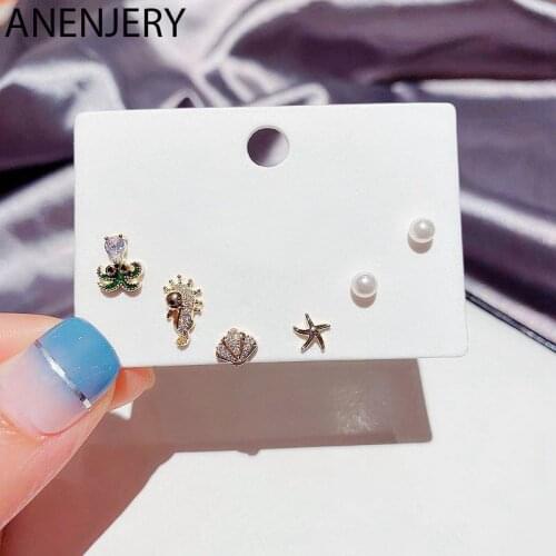 ANENJERY 6 pieces/set 925 Sterling Silver Seahorse Starfish Earrings Set Female Creative Micro-inlaid Zircon Cute Earrings