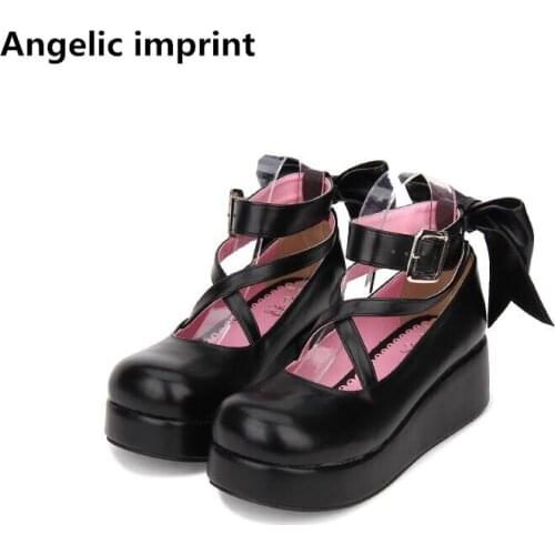 Angelic imprint woman mori girl lolita cosplay shoes lady mid heels pumps wedges women princess dress party shoes big bowtie 5cm