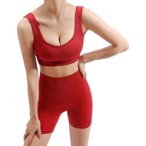 2PCS Seamless Yoga Set Gym Clothes Fitness Sportswear Women Sports Suit High Waist Shorts Sports Bra Ribbed Workout Set Outfits