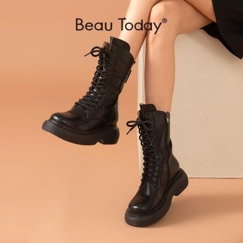 BeauToday Motorcycle Boots Women Platform Synthetic Leather Side Zip Lace Up Metal Eyelets Decor Lady Mid-Calf Shoes 02388