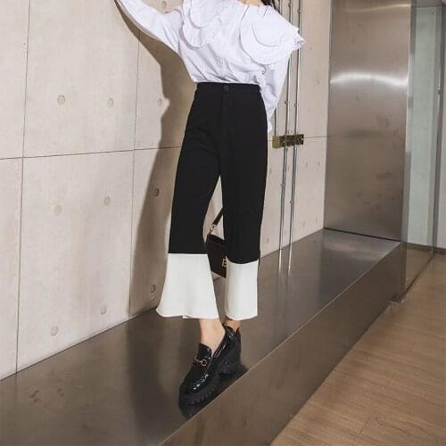 Summer pants women new fashion black white contrast patchwork straight trouser elastic waist wide leg elegant pants for work
