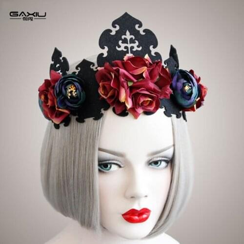 Black Red Crown Tiaras Flower Headbands Neo-Gothic Women Halloween Christmas Hippie Accessories Headdress King Crown Diadema