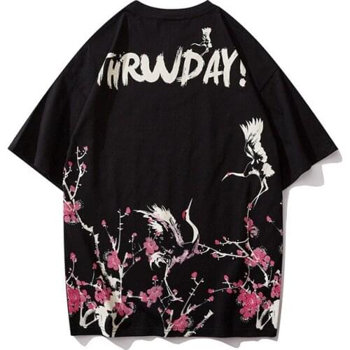 2020 Japanese Streetwear T Shirt Crane Sun Print Mens Harajuku T-Shirt Summer Hip Hop Tshirt Cotton Short Sleeve Tops Tees Black