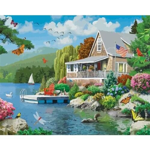 Gatyztory Lakeside Villa Diy Painting By Numbers Canvas Colouring Landscape Handpainted Gift Wall Decor Artwork Frame