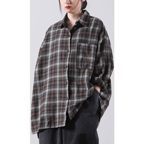 Johnature Women Plaid Shirt Turndown Collar Long Sleeve Loose Casual Pocket 2021 Autumn New Korean Style Comfortable Blouse