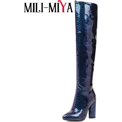 MILI-MIYA New Arrival Women Boots Over-The-Knee Patent Leather Snake Pattern Zipper Waterproof Super High Square Heels Size 46