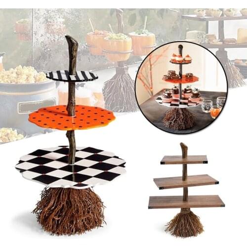 Newly Three-Tier Snack Rack Creative Resin Broom Ornament Novelty Halloween Party Supplies for Home Living Room Bar