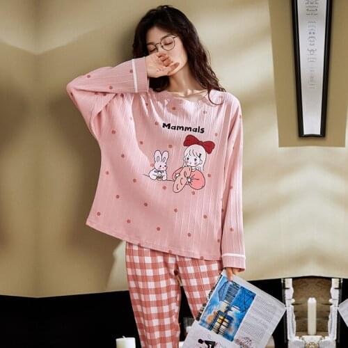 Cute Bunny Cartoon Women Winter Sweet Pink O-Neck Long Sleeve Pajamas Set Cotton Wave Point Homewear Korean Plaid Pants Pajamas