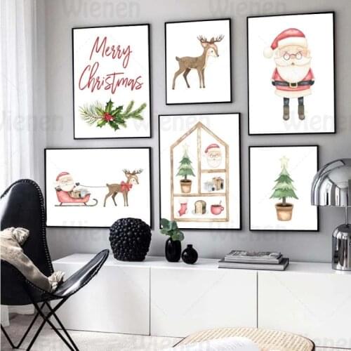 Christmas Poster Home Decoration Living Room Mural Christmas Tree Santa Claus Sleigh Elk Snowman Cartoon Picture Wall Art Unfram