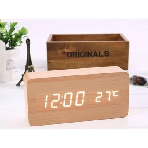 LED Digital Voice Control Alarm Clock Desk Glow Desktop Beside Wooden Clock w/ Temperature Rectangular Table Watch Decor USB/AAA